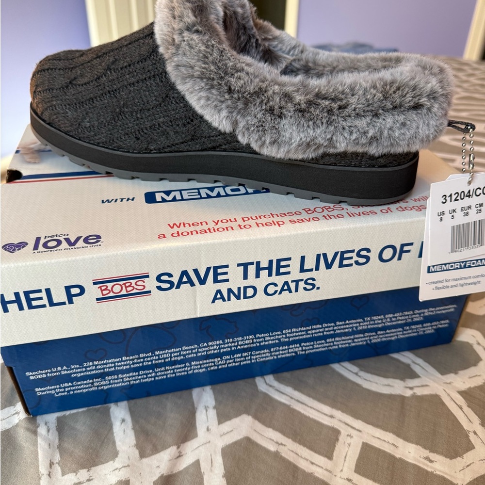 Skechers BOBS Charcoal Gray Faux Fur Slip-Ons, Brand New in box!